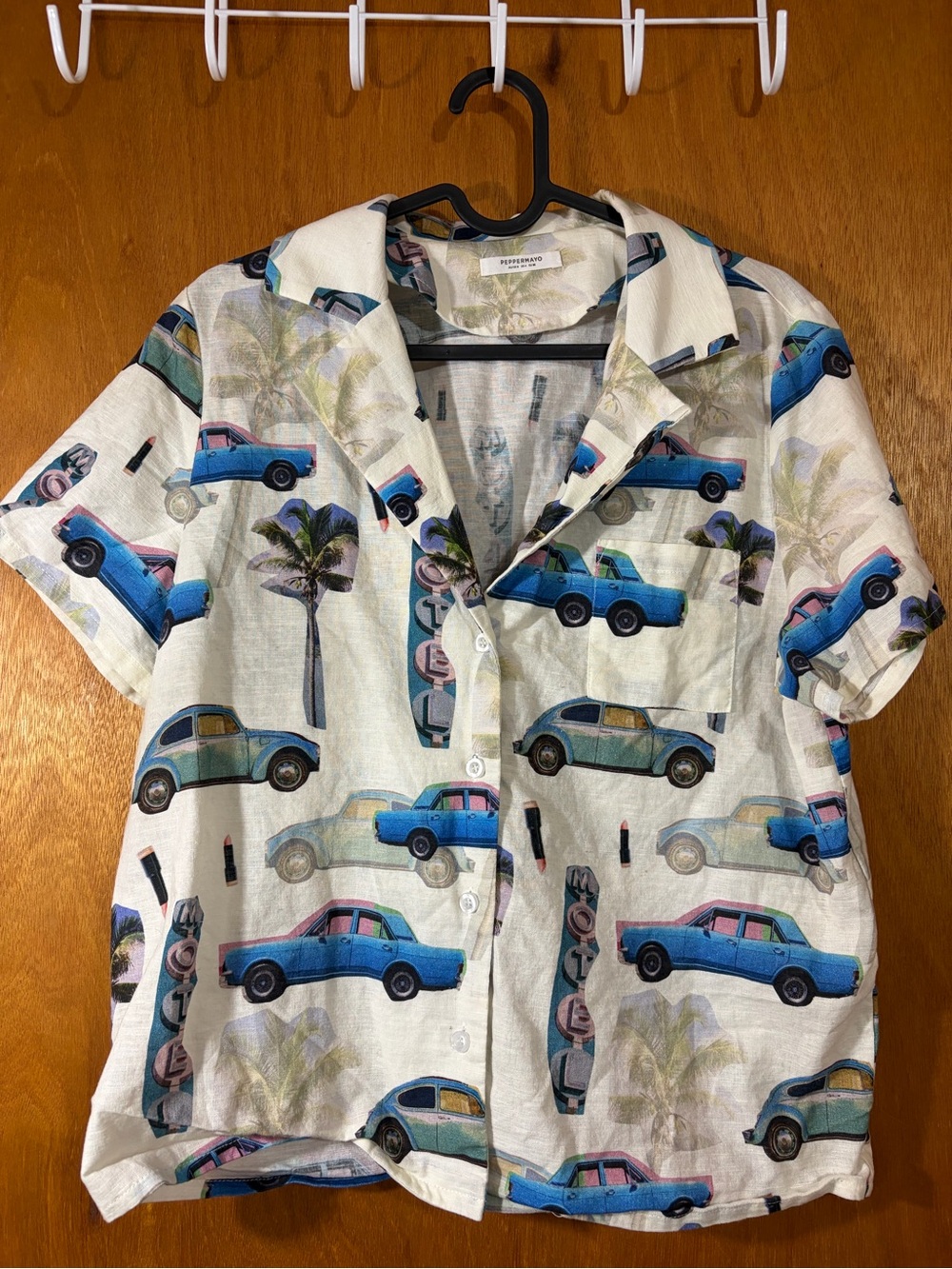 Peppermayo White Short-Sleeve Shirt with Blue & Teal Car Print